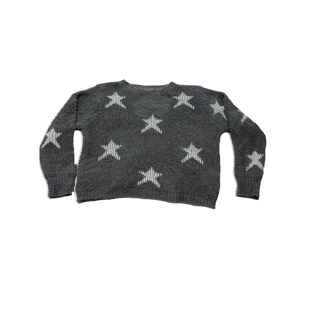POL Relaxed Gray & White Star Patterned Sherpa Knit Sweater Soft Size M - Picture 2 of 11